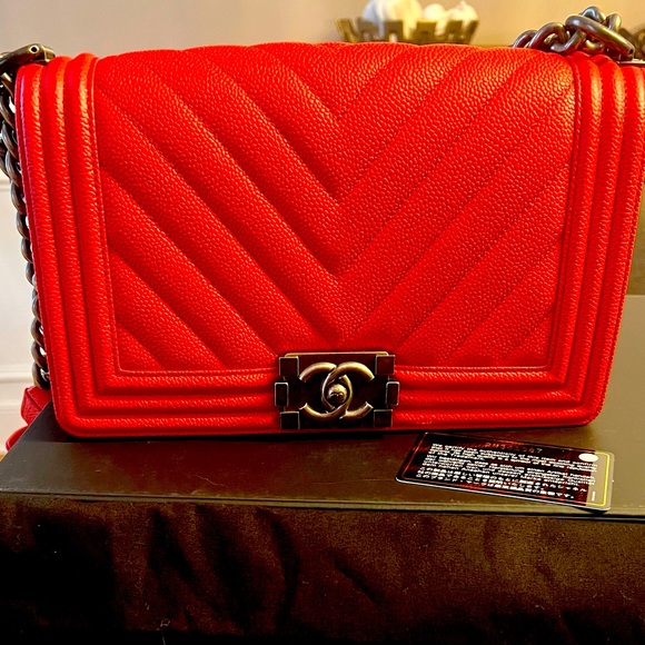 CHANEL Handbags - Red Chanel Medium Boy Bag with Ruthenium Hardware